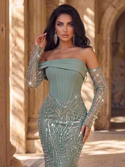 Aureia Elegant Gray-Green Luxury 3D Sequin Patchwork Elastic Knit Off-Shoulder Sheer Long Sleeve Sequin Mermaid Skirt, Suitable For Dates, Vacations, Bachelor Parties, Weddings, All Formal Occasions, Women's Evening Gown - image 2