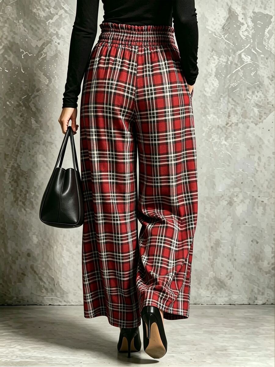 SHEIN Women's French Elegant Retro RedGreen Gingham WideLeg Pants Perfect For Christmas Holiday Autumn/Winter Outfits | HighWaisted Drawstring Design F - image 2