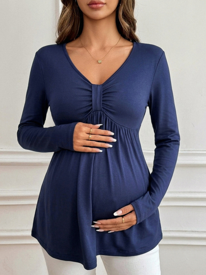 DAZY Solid Color Loose Hem Long Sleeve V-Neck Elegant Vacation Spring/Autumn Maternity T-Shirt