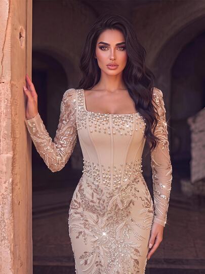 Aureia Elegant Romantic Fashionable Graceful Khaki Sequin Embroidered Fabric Elastic Fabric Patchwork Strapless Long Sleeve Sequins Decoration Cup Fish Tail Hem Elegant Party Dress Wedding Guest Dress Bachelorette Party Dress Formal Evening Gown