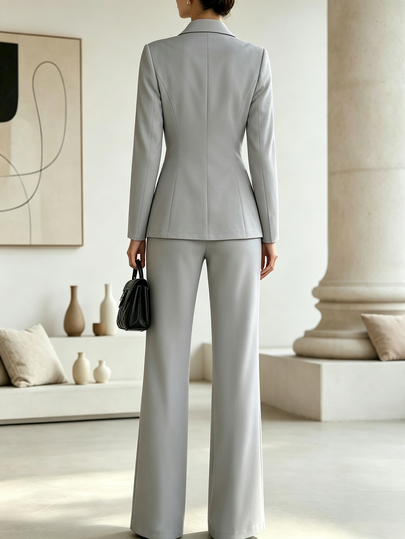 SHEIN Fall Women 2 Piece Blazer Pants Suit, Notched Lapel Wrap Front Gold Button Slim Blazer & High Waist Wide Leg Trousers, Elegant Office Matching Outfit - image 2