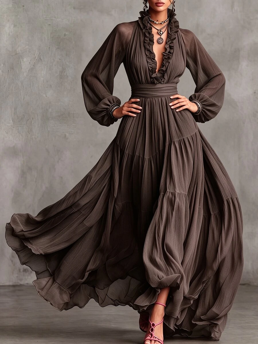 Balvessa Gentle Yellow Ruffle Deep V Neck Sheer Chiffon Full Skirt High Waist Cinched Waist Layered Lantern Long Sleeve Beach Vacation Maxi Dress With Pockets Wedding Bridesmaid Gown