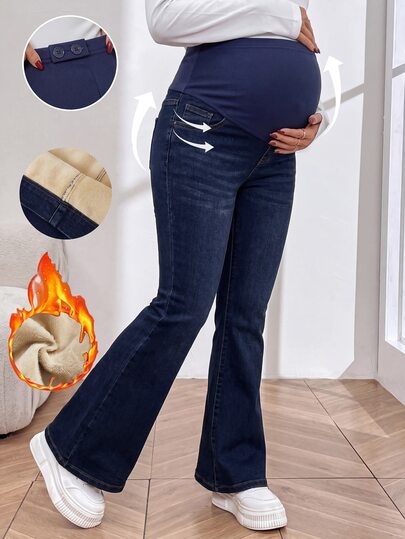 SHEIN Adjustable Waist Thermal Lined Casual Versatile Flare Leg Jeans For Pregnant Women Winter Clothes Cowgirl Outfits For Women