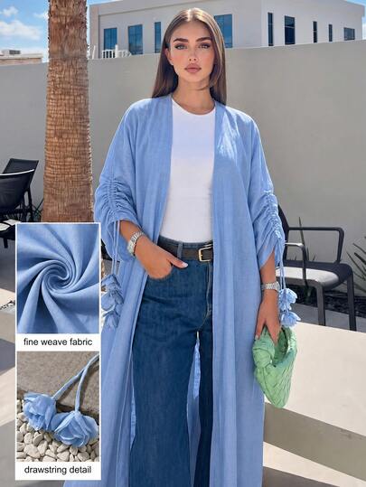 Yasmyna Blue Pleated 3/4 Sleeve Floral Decor Women's Abaya Saudi National Day Fall/Winter Vacation  Traditional