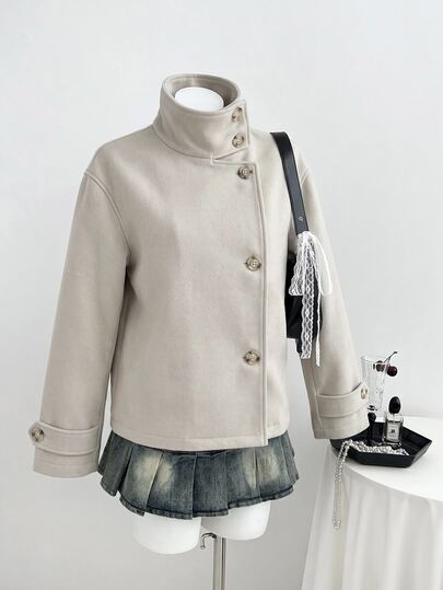 Elamini Women's Autumn/Winter Gray Wool Blend High Neck Button-Front Long Sleeve Loose Short Jacket,. Preppy Style For Commute, Office, Workplace, Outing