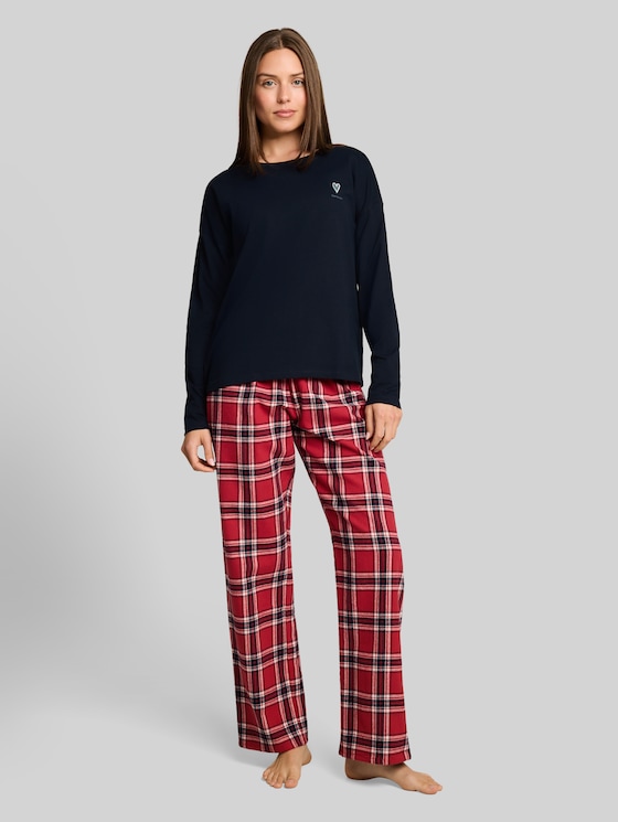 Pyjama set with a checked pattern, made of cotton - red-medium-check