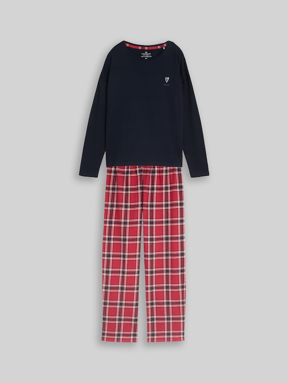 Pyjama set with a checked pattern, made of cotton - red-medium-check