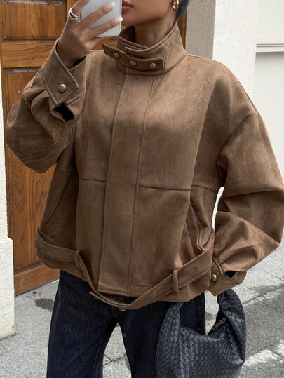 DAZY Solid Color Loose Suede Jacket With Stand Collar, Long Sleeve, Belt, Casual Street Style Spring Autumn Jacket For Women, Regular Fit - image 2