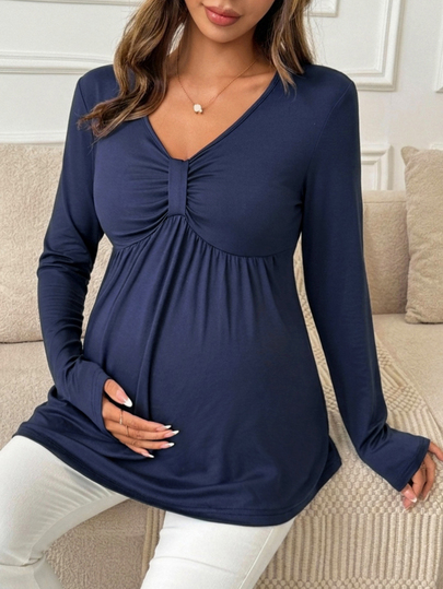 DAZY Solid Color Loose Hem Long Sleeve V-Neck Elegant Vacation Spring/Autumn Maternity T-Shirt - image 2