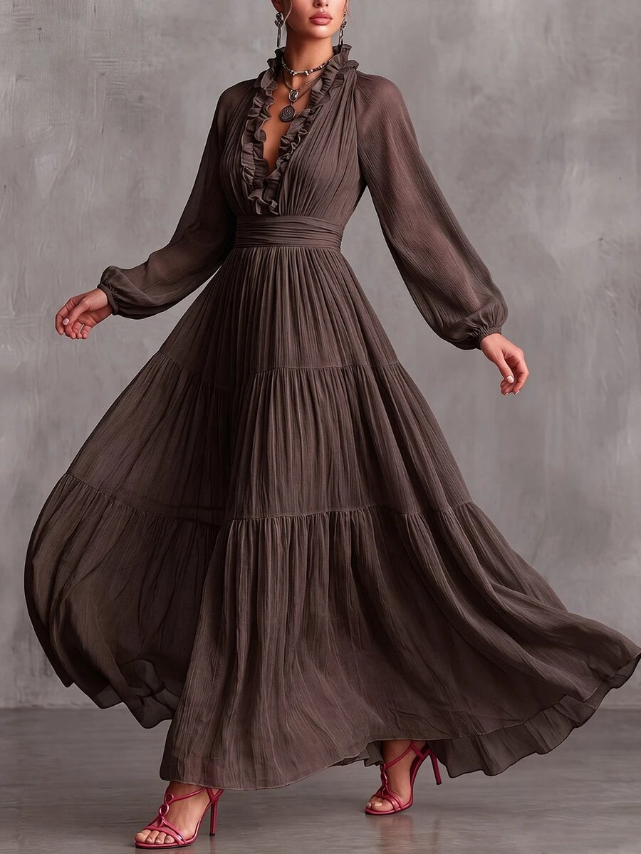 Balvessa Gentle Yellow Ruffle Deep V Neck Sheer Chiffon Full Skirt High Waist Cinched Waist Layered Lantern Long Sleeve Beach Vacation Maxi Dress With Pockets Wedding Bridesmaid Gown - image 3