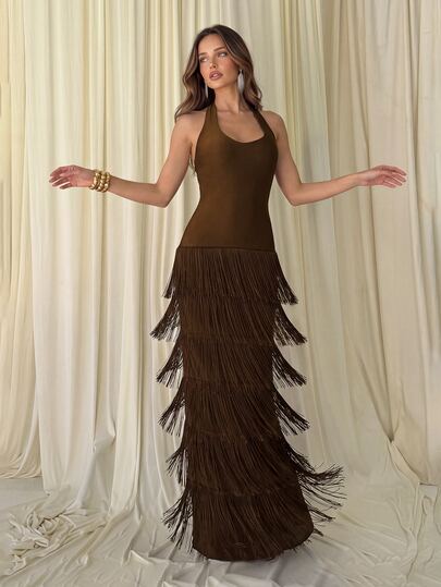 Aloruh Elegant Elastic Fabric Fringe Decor Straight Skirt,Back Slit,Fashionable Dress Suitable For Wedding Guest,Bachelorette Party,Formal Evening