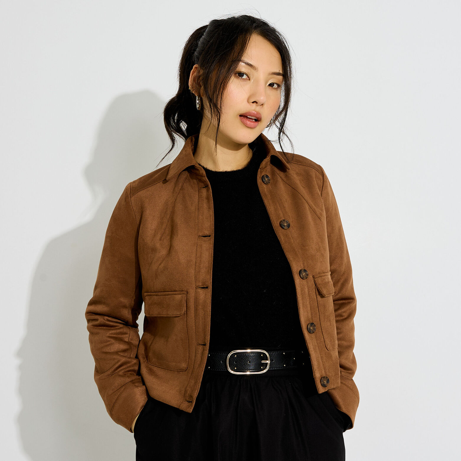 Veste courte en suédine femme - CHOCOLAT