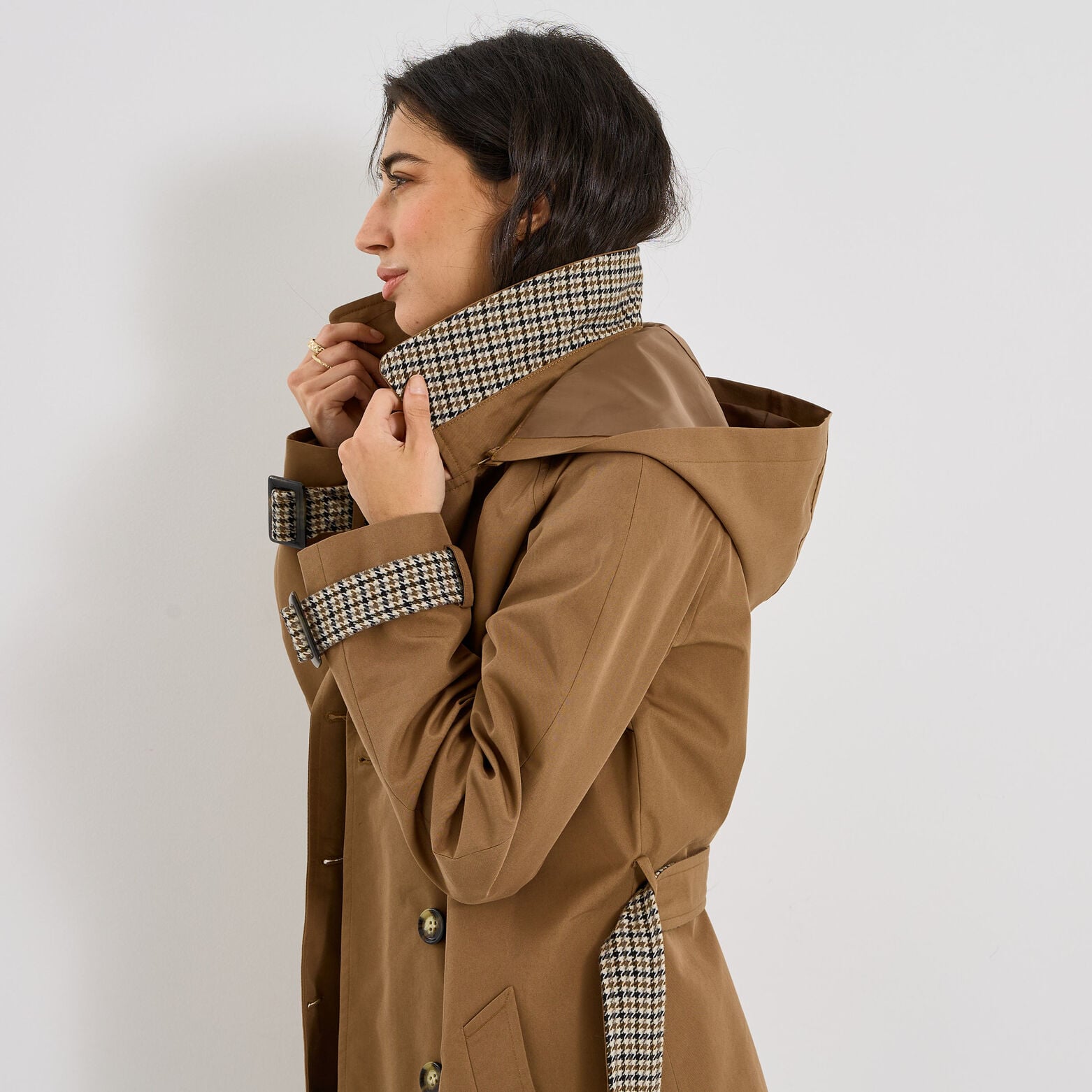 Trench mi-long à capuche femme - CAMEL