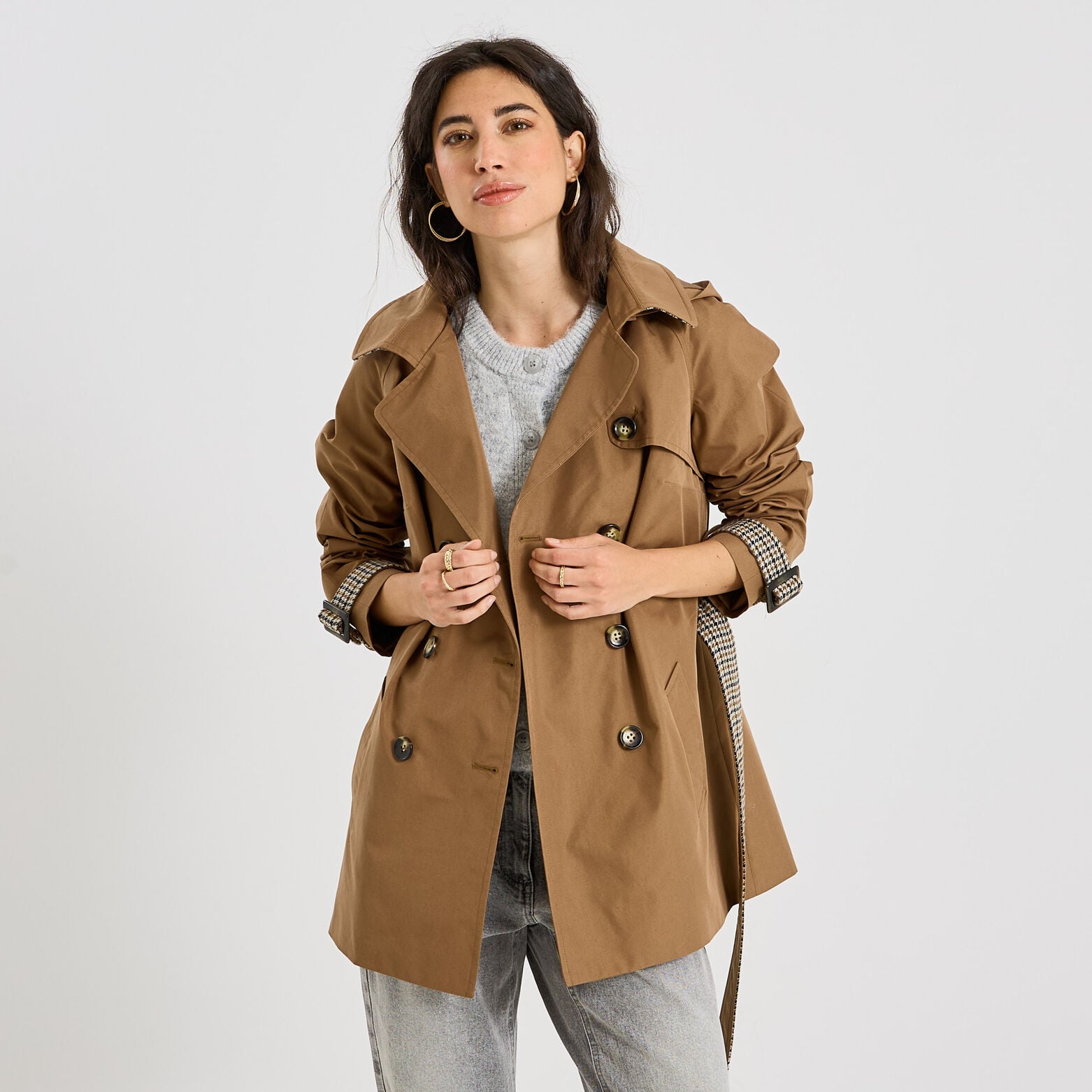 Trench mi-long à capuche femme - CAMEL