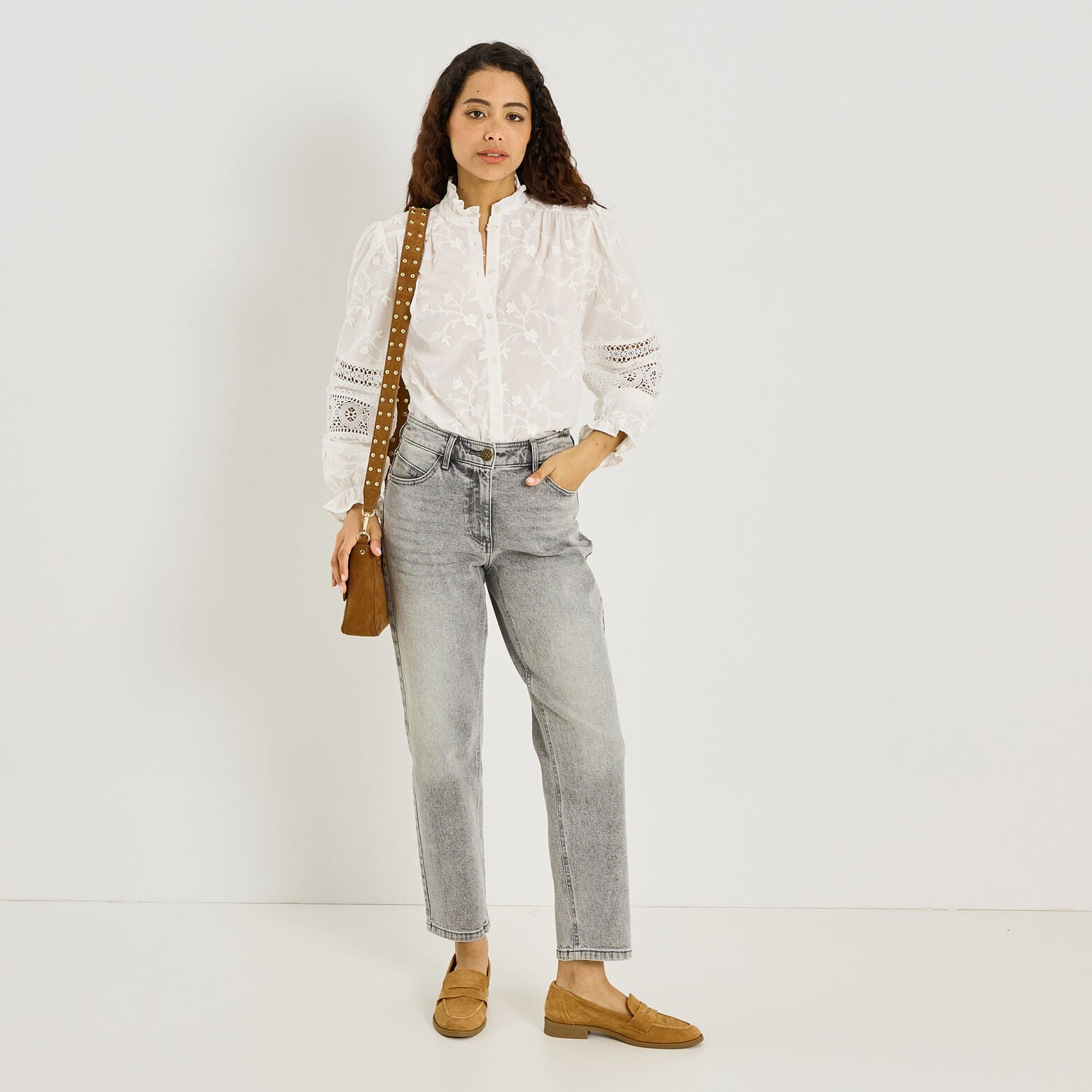 Chemise brodée détails ajourés femme - ECRU
