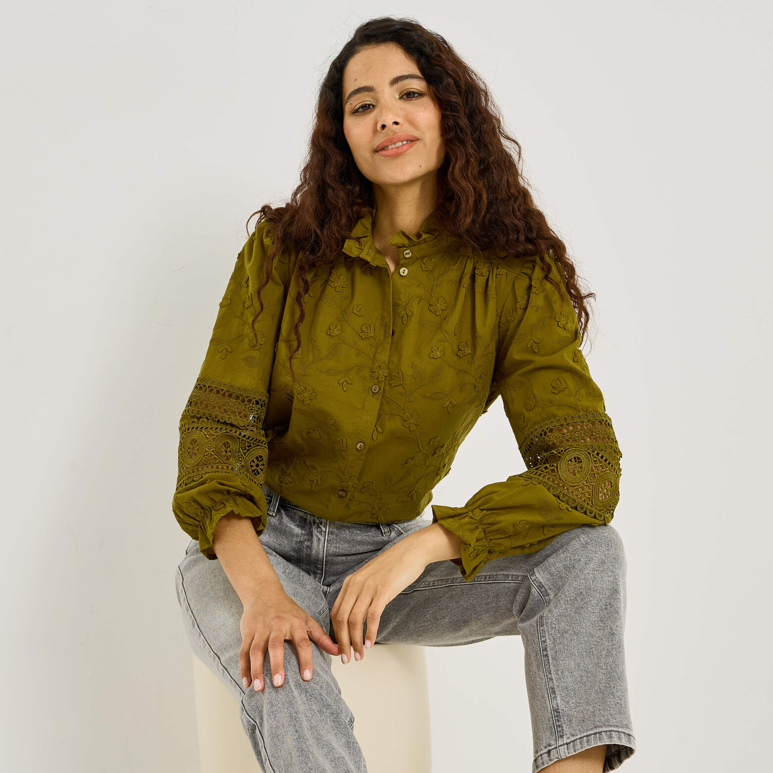 Chemise brodée détails ajourés femme - KAKI