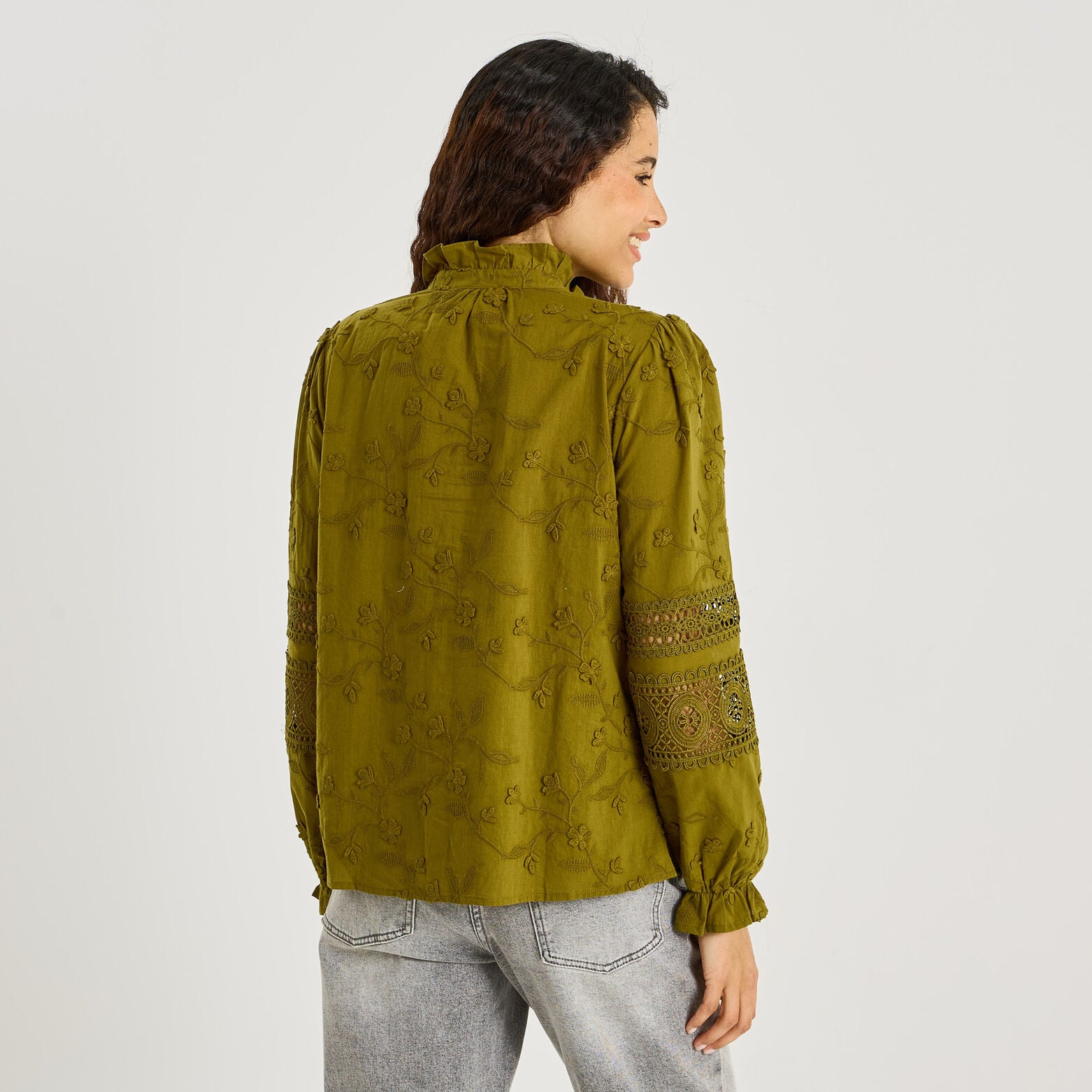Chemise brodée détails ajourés femme - KAKI