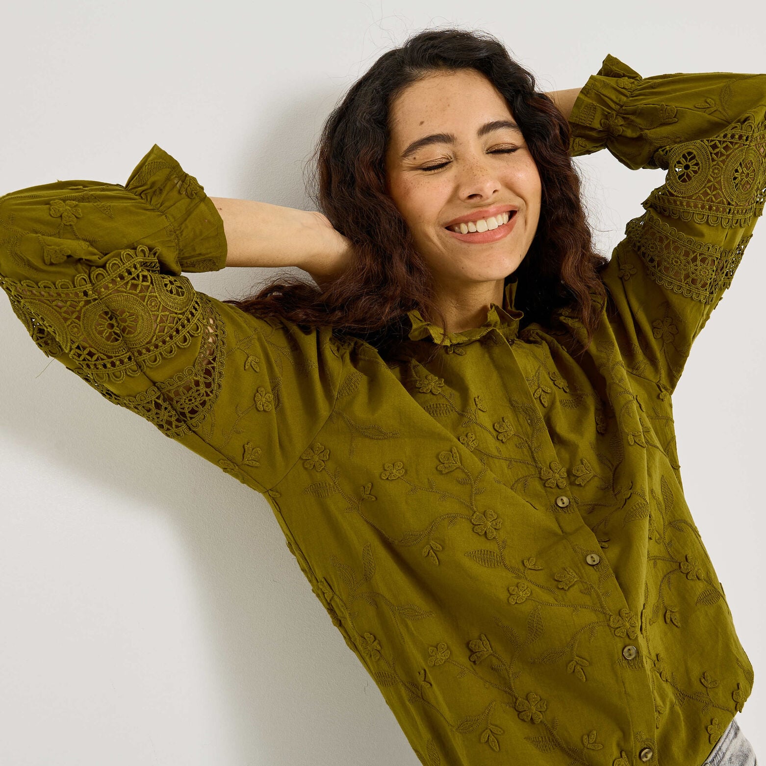 Chemise brodée détails ajourés femme - KAKI