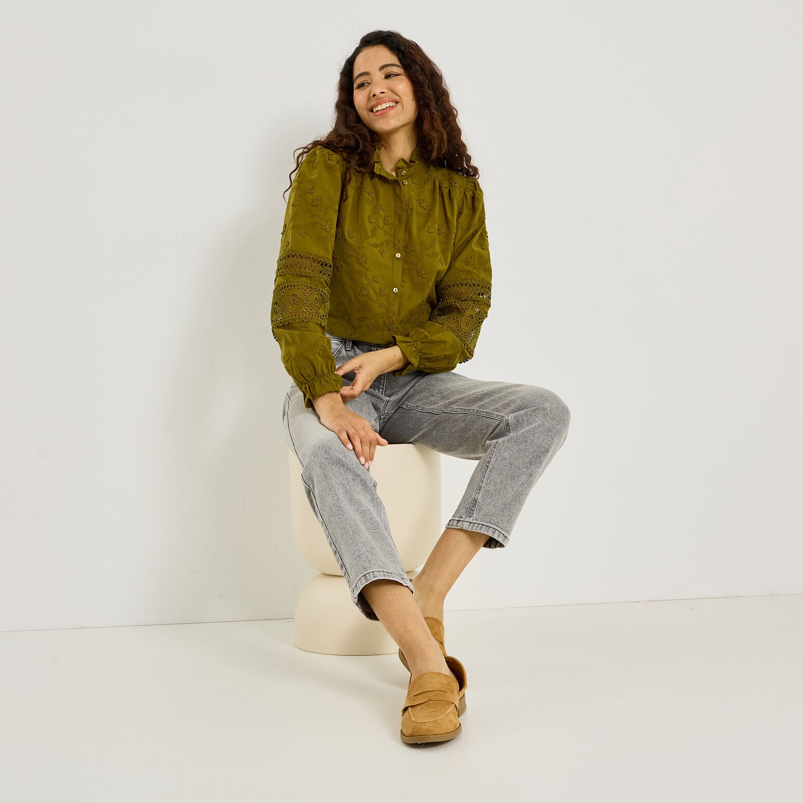 Chemise brodée détails ajourés femme - KAKI