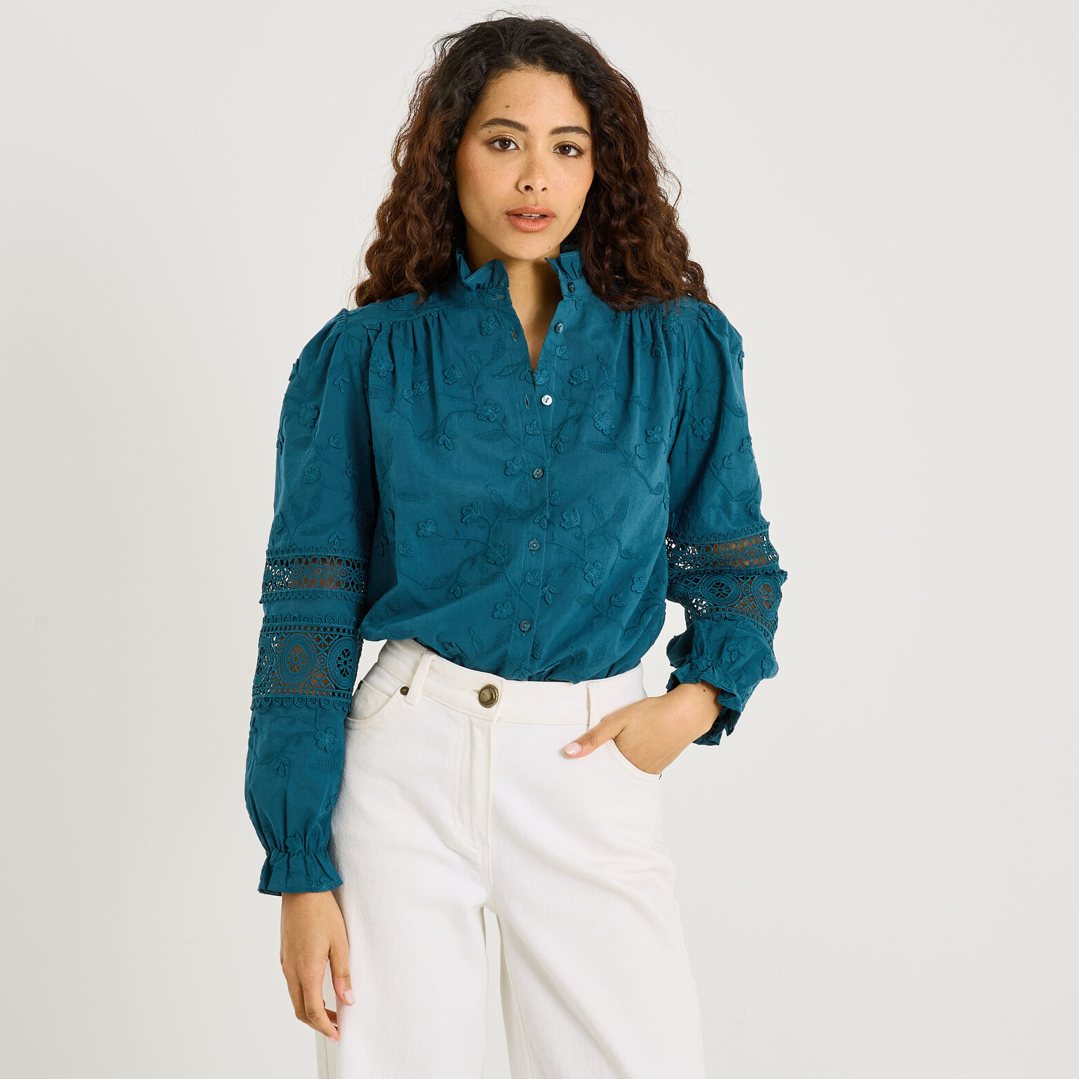Chemise brodée détails ajourés femme - VERT