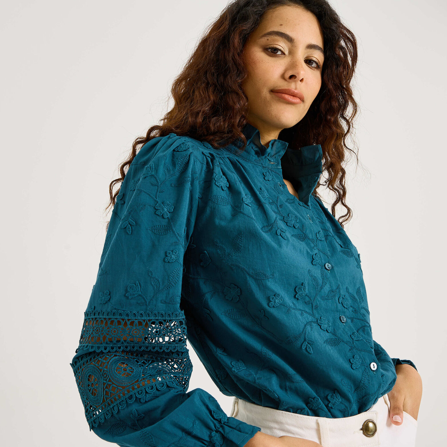 Chemise brodée détails ajourés femme - VERT