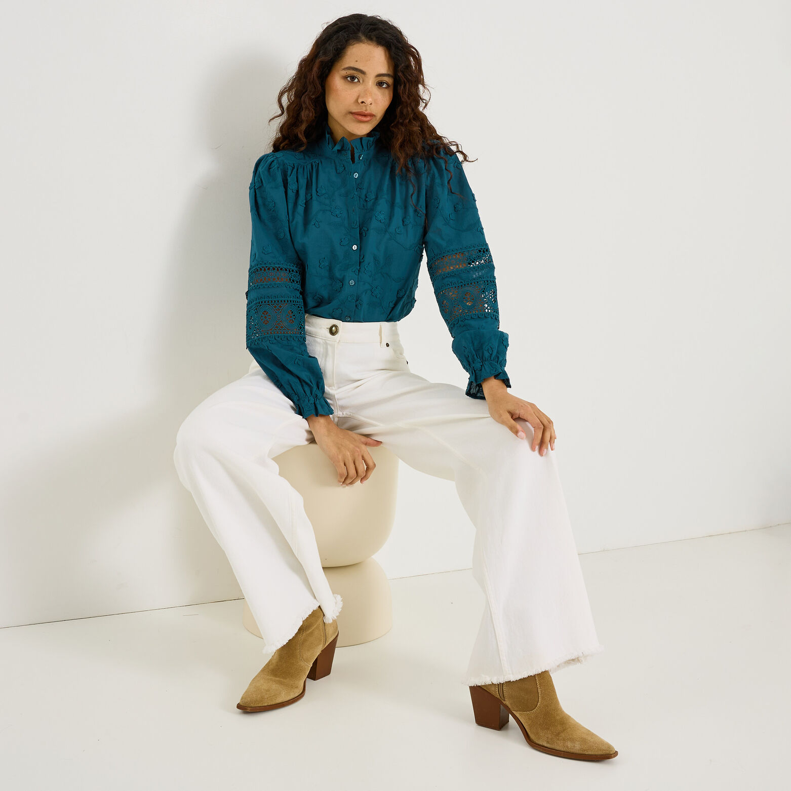 Chemise brodée détails ajourés femme - VERT