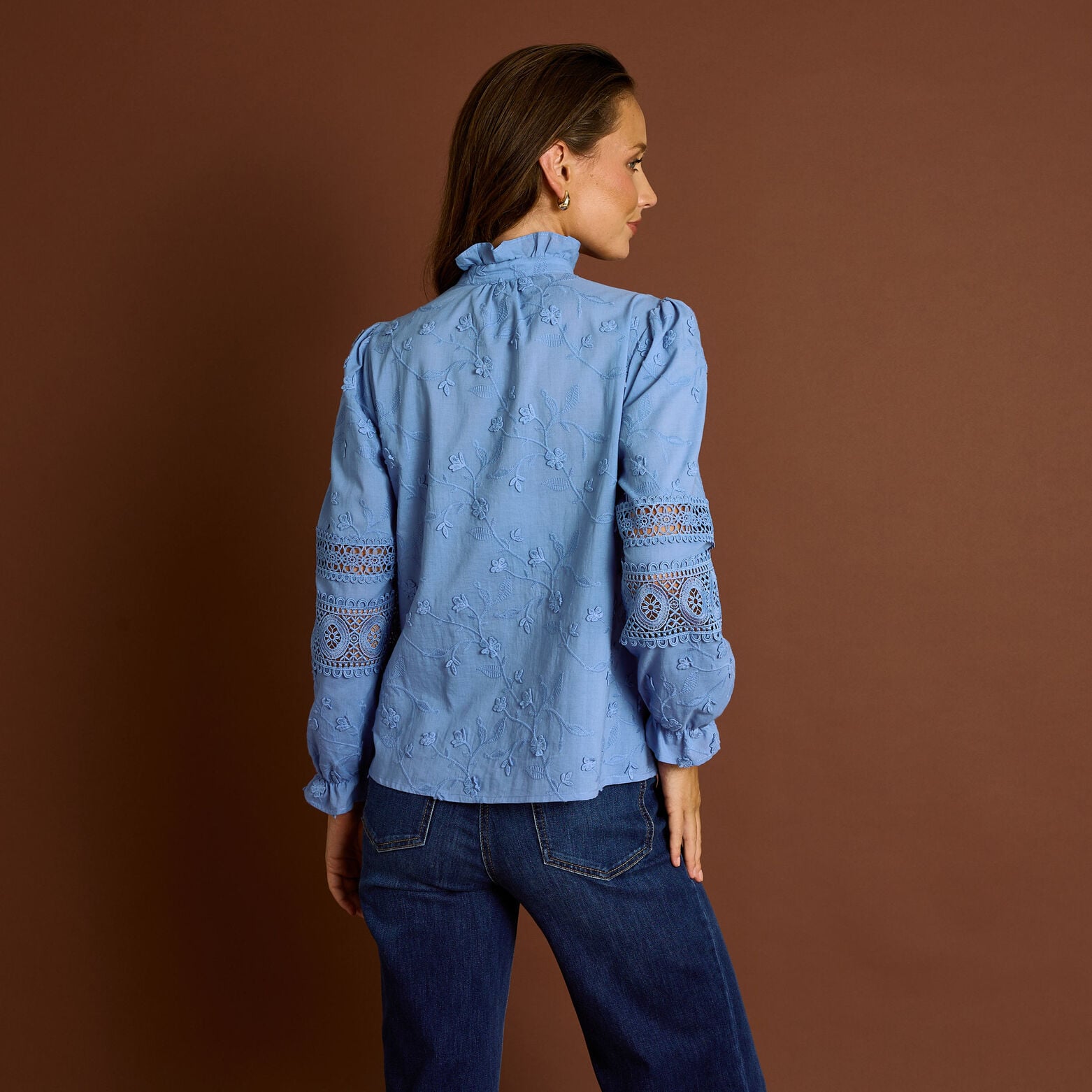Chemise brodée détails ajourés femme - BLEU