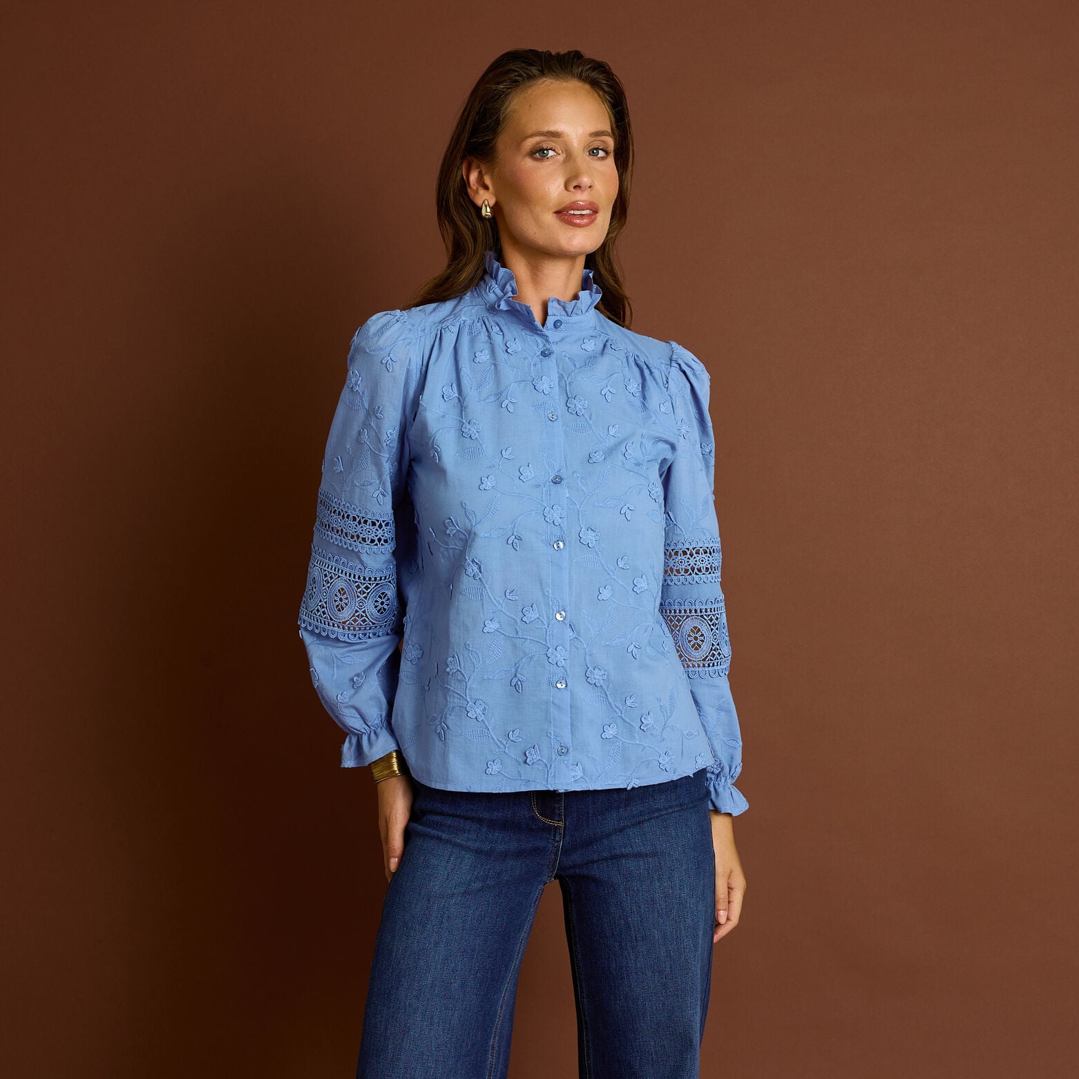 Chemise brodée détails ajourés femme - BLEU