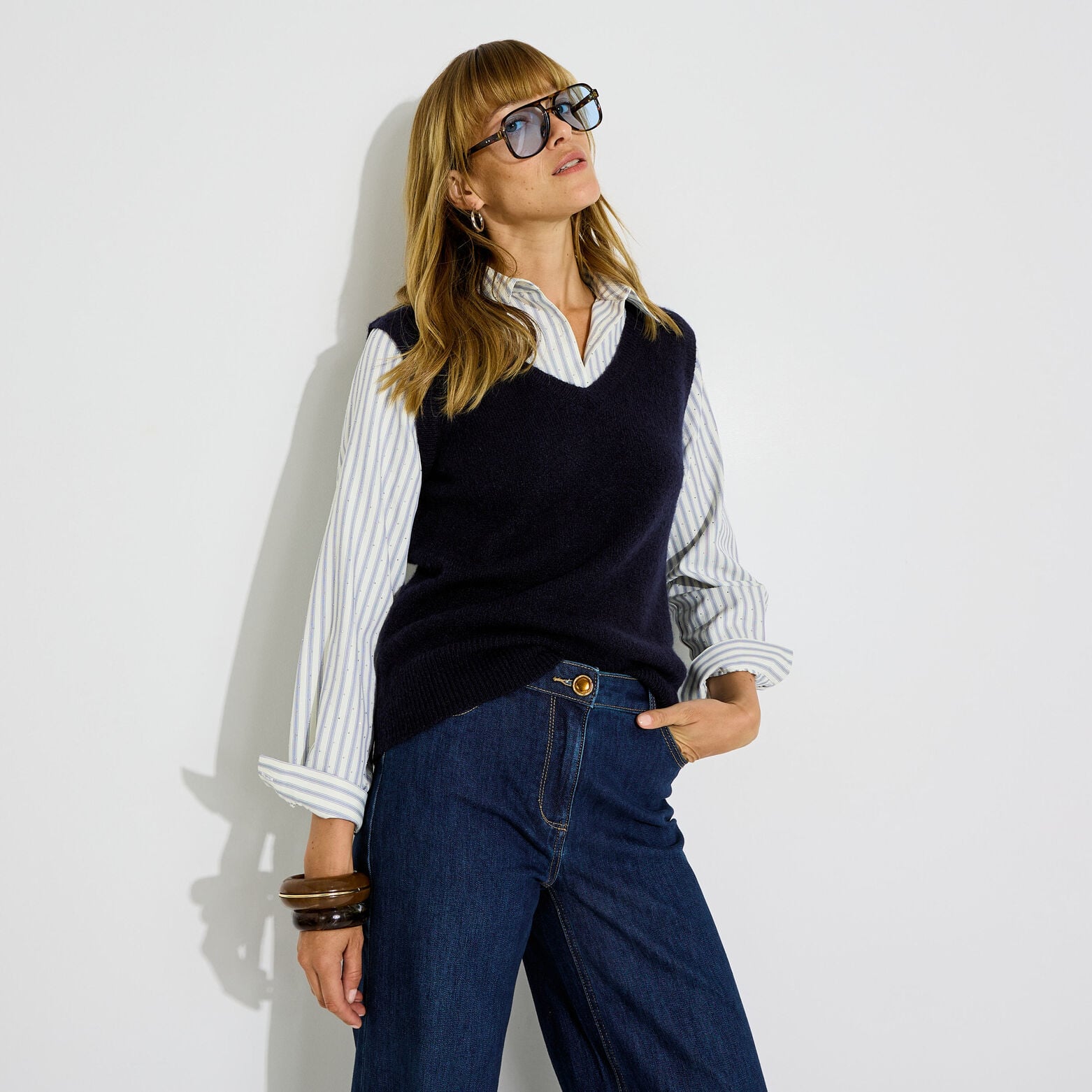 Pull-chemise bi-matière pour femme - MARINE