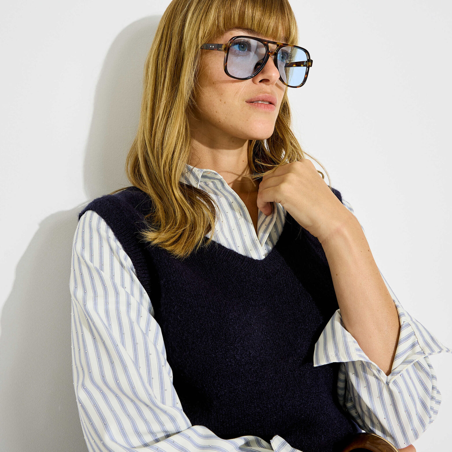 Pull-chemise bi-matière pour femme - MARINE