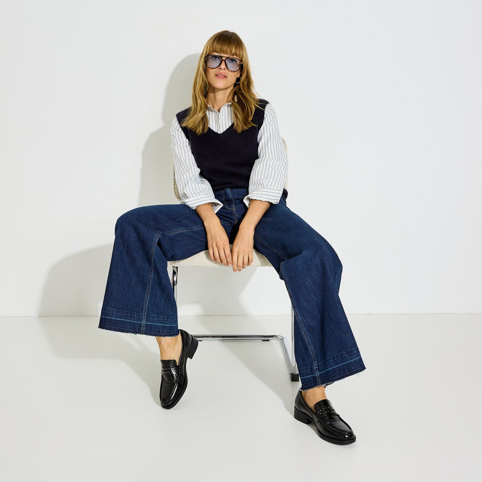 Pull-chemise bi-matière pour femme - MARINE