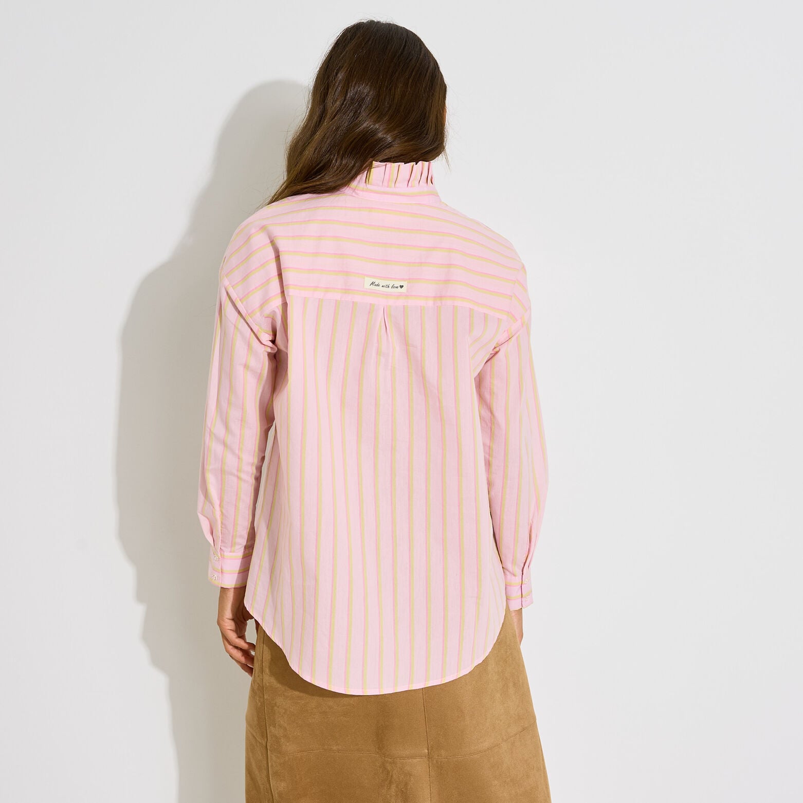 Chemise rayée col volanté femme - PINK