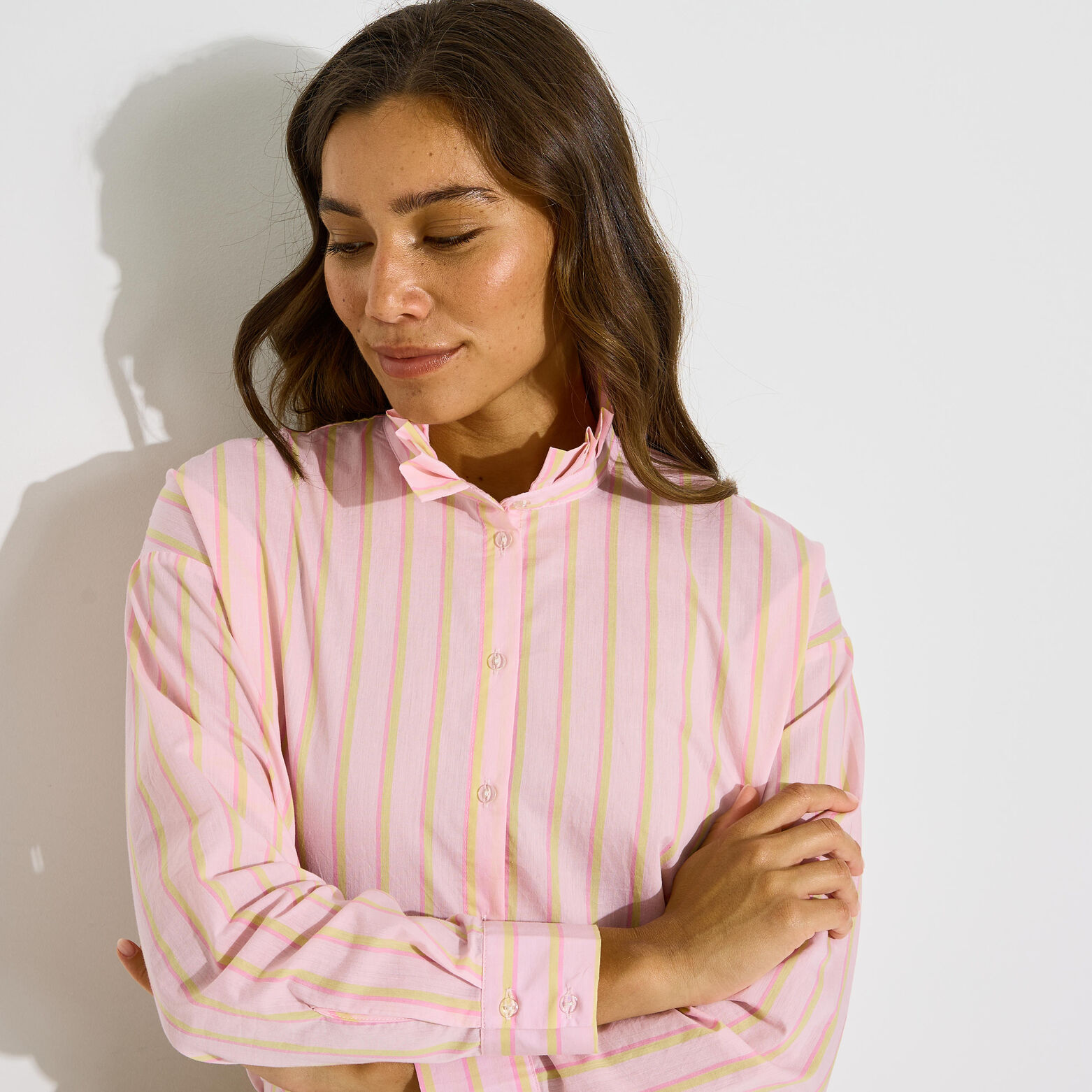 Chemise rayée col volanté femme - PINK