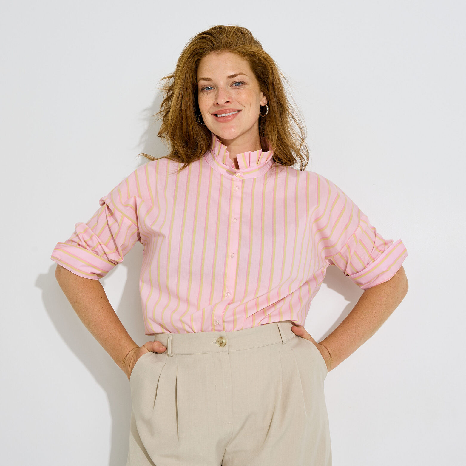 Chemise rayée col volanté femme - PINK