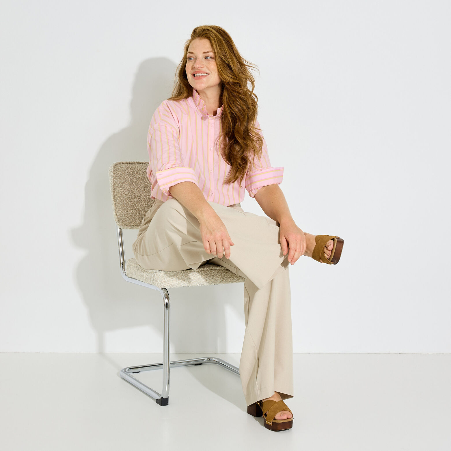 Chemise rayée col volanté femme - PINK