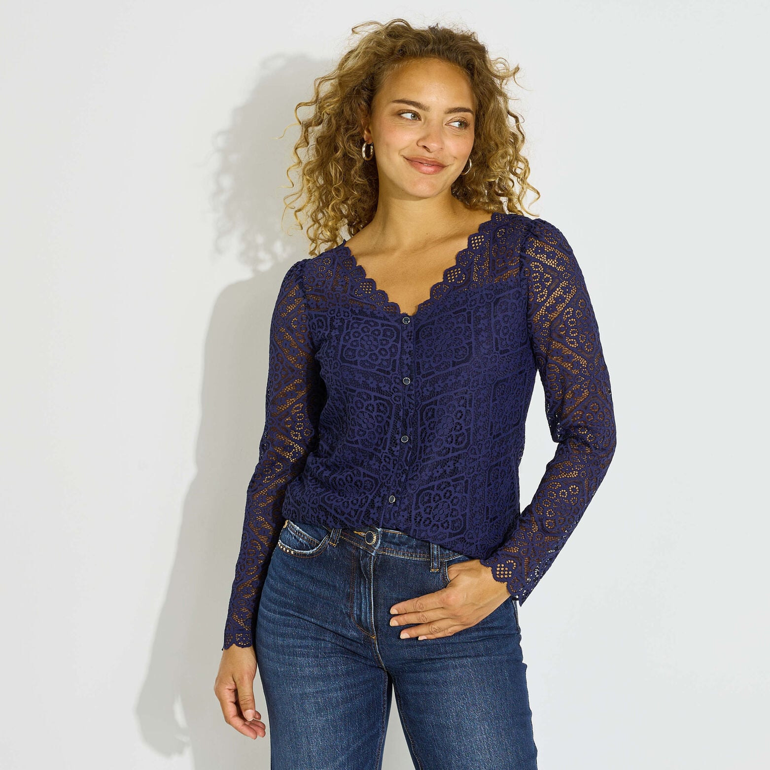 T-shirt col V ajouré femme - MARINE