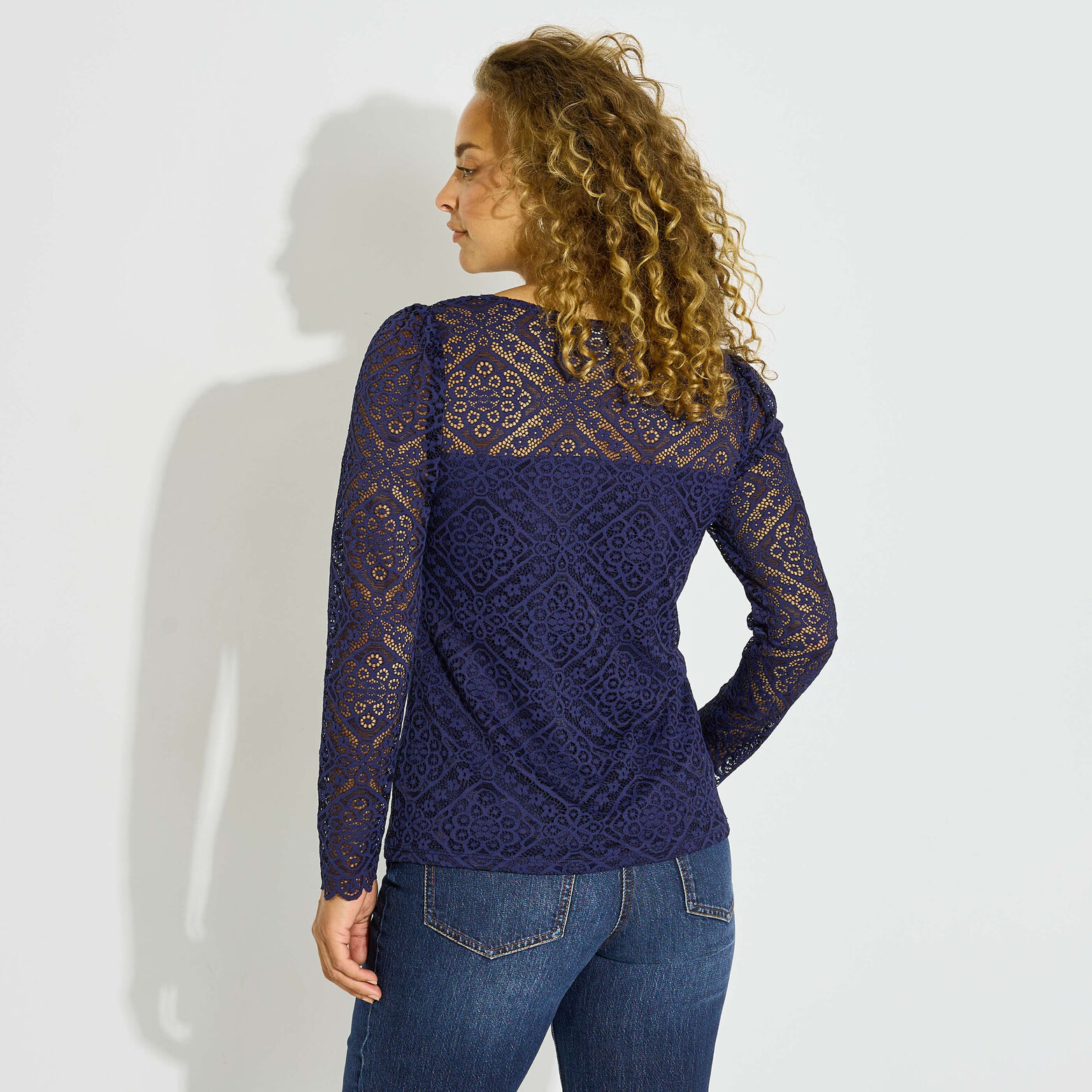 T-shirt col V ajouré femme - MARINE