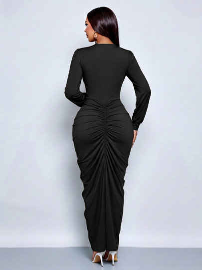 SOLERSUN Women's Sage Green Plunge V Neck Ruched Maxi Dress Long Sleeve Draped Bodycon Elegant Party Dress - image 2