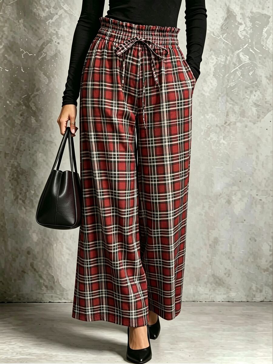 SHEIN Women's French Elegant Retro RedGreen Gingham WideLeg Pants Perfect For Christmas Holiday Autumn/Winter Outfits | HighWaisted Drawstring Design F - image 5
