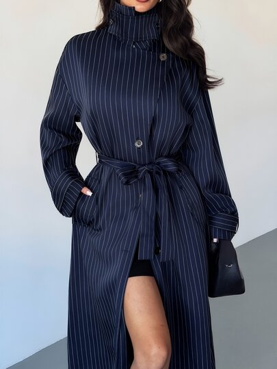 Firerie Navy Blue Striped Trench Coat Jacket, Autumn/Winter, Professional Lapel Pocket Belt Long Coat - image 2