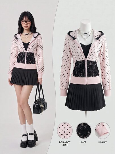 Elamini Women's Autumn/Winter Pink Polka Dot Print Contrast Lace Patchwork Slim Fit Zip-Up Sweatshirt, Vintage Cute Elegant Preppy Style, Versatile For Outings, Dates, Commuting And Daily Wear
