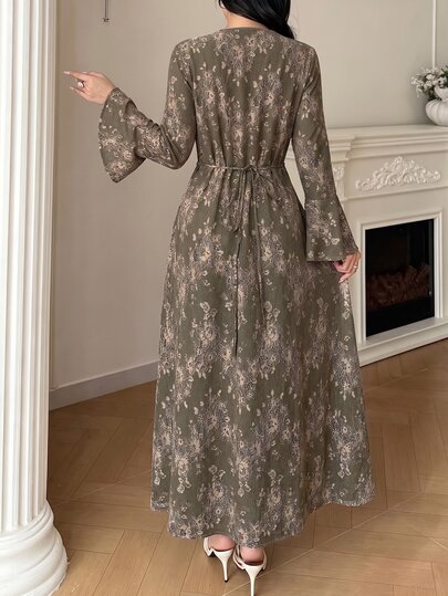Yasmyna Autumn/Winter Vintage Elegant Ditsy Floral Round Neck Bell Sleeve Back Tie Cinched Waist Dress For Women - image 2