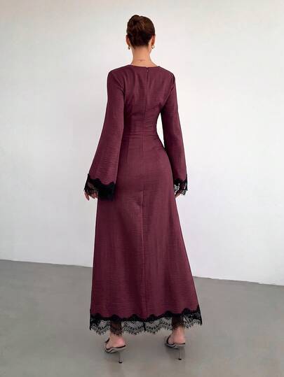 Siren Gaze Women's Solid Color Twist Detail Front Metal Buckle Decor Flare Long Sleeve Dress, Women's Wedding Guest Gown, Women's Winter Evening Dress - image 2