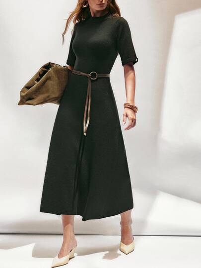 SHEIN Women's Sweater Dress A-Line Knit Metal Button Cuffs Round Neck Midi Elegant Business Minimalist Black Solid Fall Clothes For Women Midi Dress