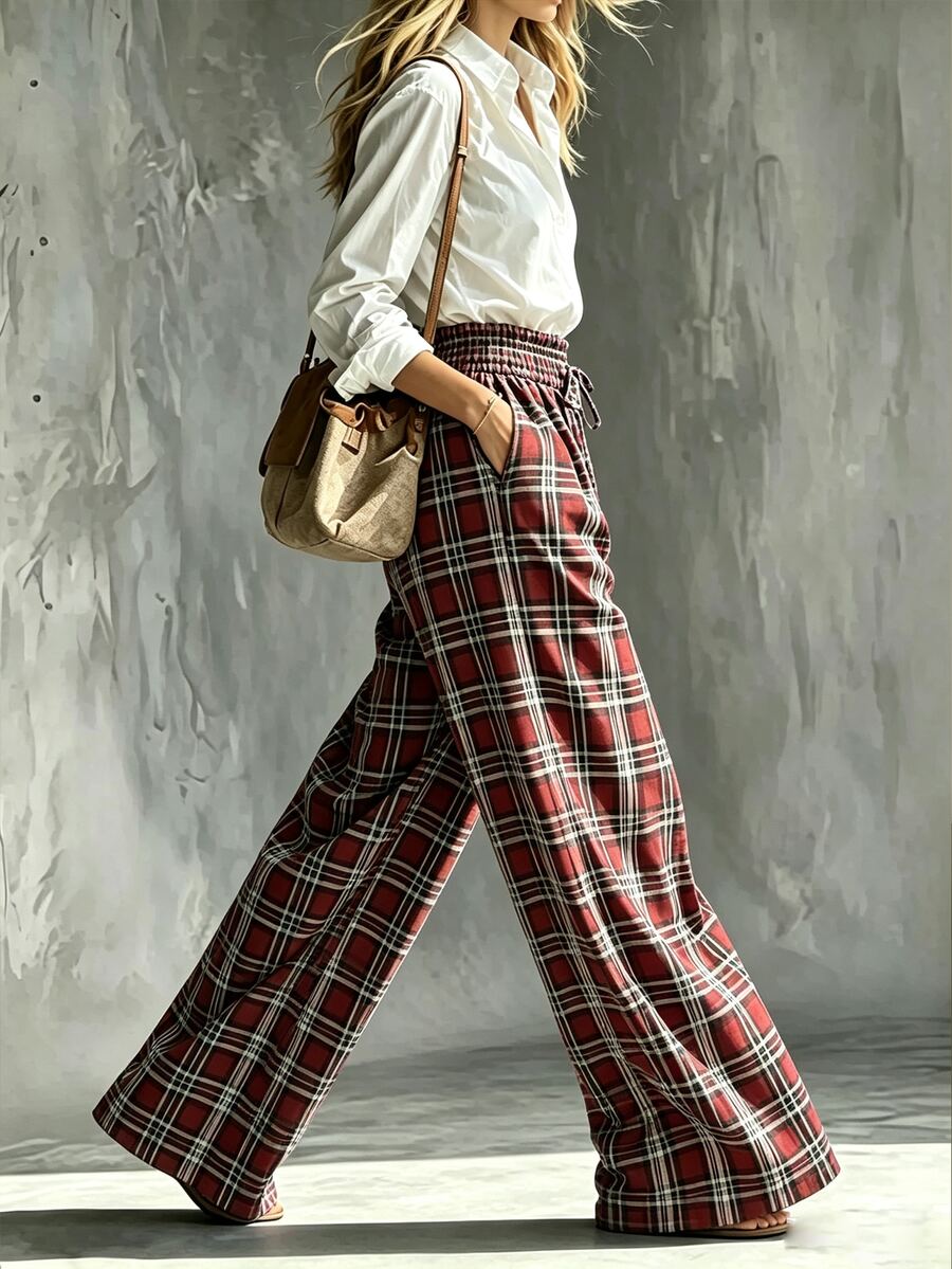 SHEIN Women's French Elegant Retro RedGreen Gingham WideLeg Pants Perfect For Christmas Holiday Autumn/Winter Outfits | HighWaisted Drawstring Design F - image 6