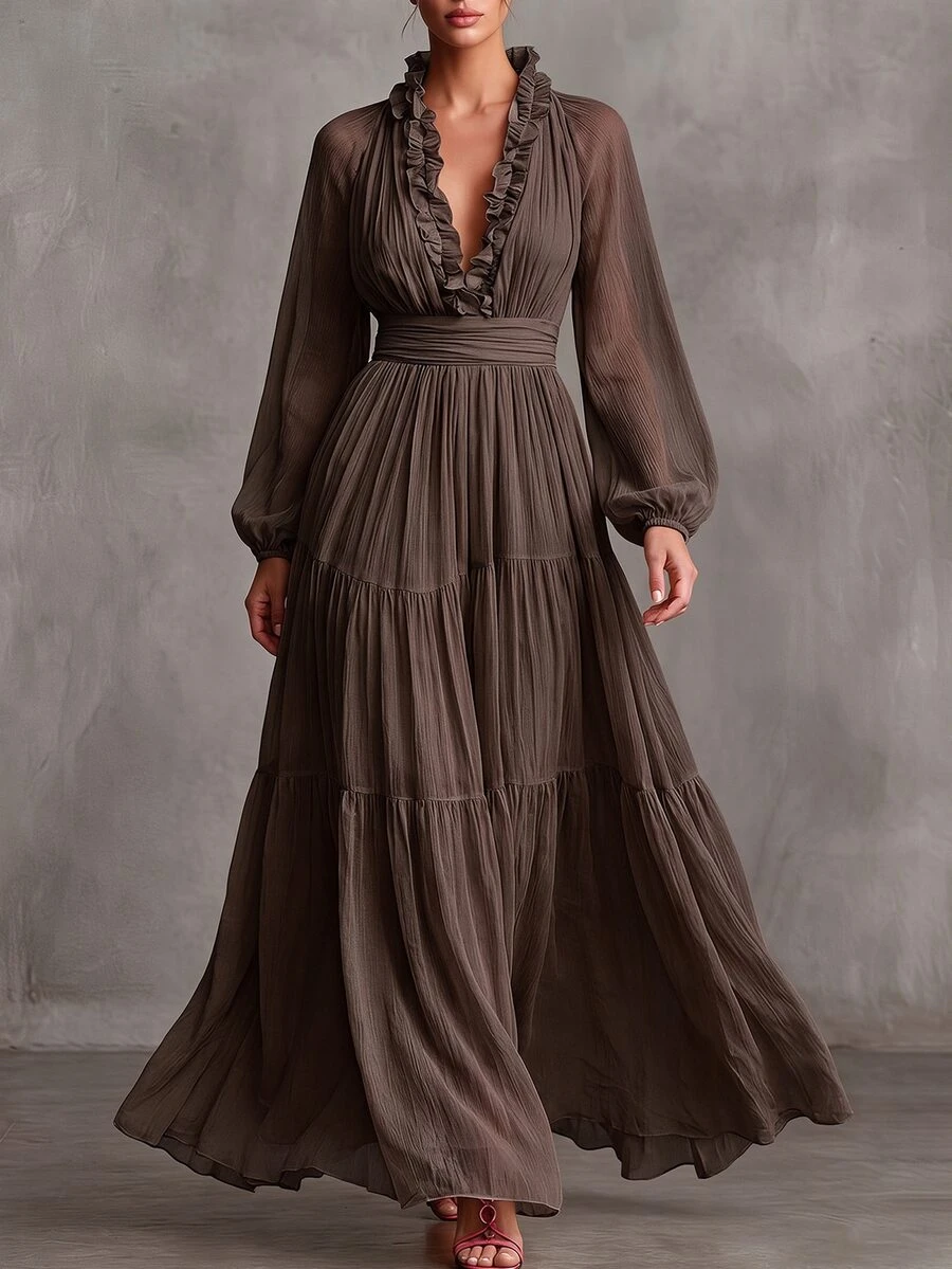 Balvessa Gentle Yellow Ruffle Deep V Neck Sheer Chiffon Full Skirt High Waist Cinched Waist Layered Lantern Long Sleeve Beach Vacation Maxi Dress With Pockets Wedding Bridesmaid Gown - image 4