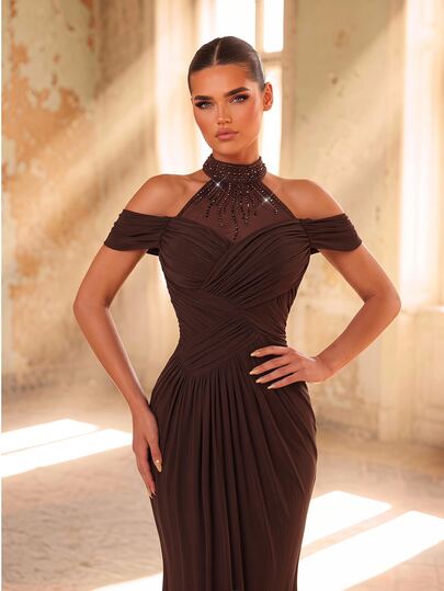 Aureia Elegant Formal Chocolate Brown Stretch Tulle Sheer Halter Neck Rhinestone Ruched Draped Open Back Mermaid Train Summer Prom Wedding Guest Evening Gown