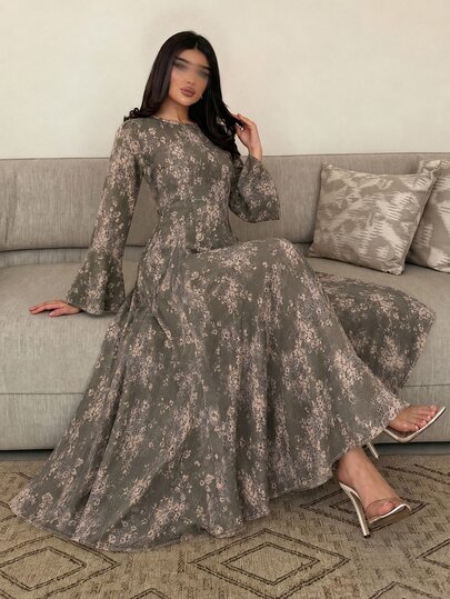 Yasmyna Autumn/Winter Vintage Elegant Ditsy Floral Round Neck Bell Sleeve Back Tie Cinched Waist Dress For Women