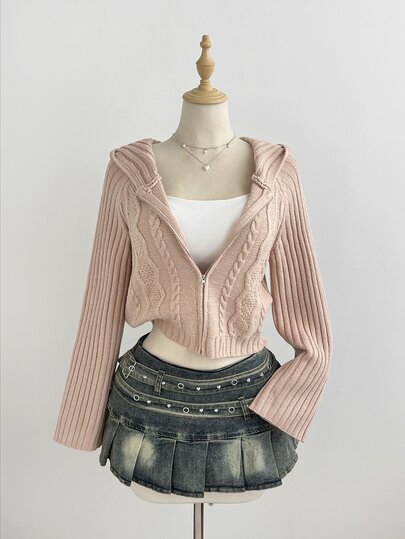 Elamini Simple Women's Autumn/Winter Pink Hooded Long Sleeve Cable Knit Fitted Cardigan Sweater