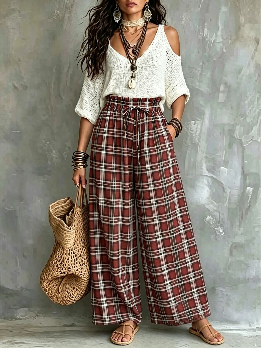 SHEIN Women's French Elegant Retro RedGreen Gingham WideLeg Pants Perfect For Christmas Holiday Autumn/Winter Outfits | HighWaisted Drawstring Design F - image 4